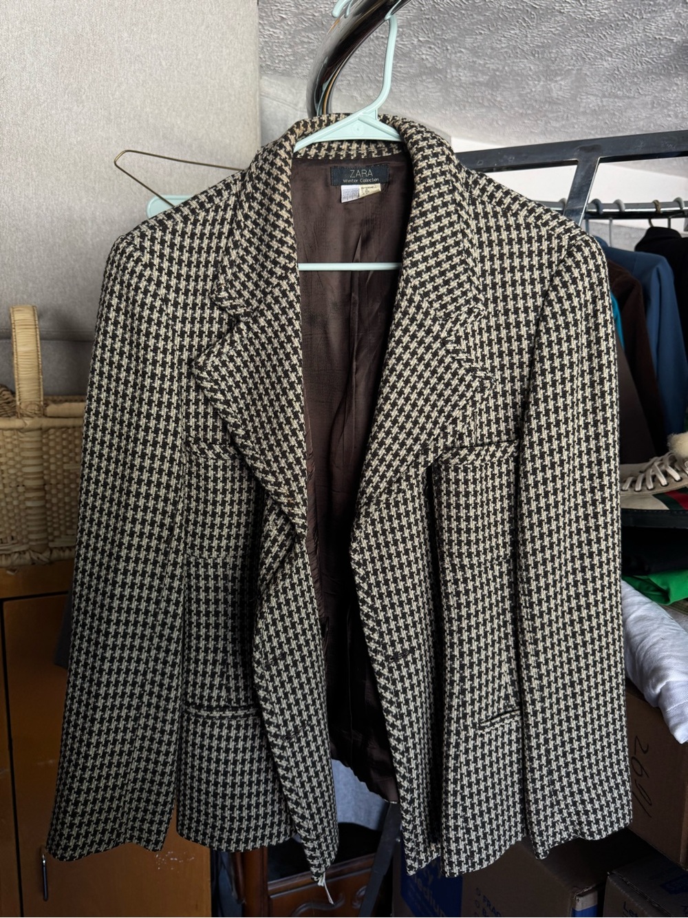 Zara Black and White Houndstooth Tailored Blazer